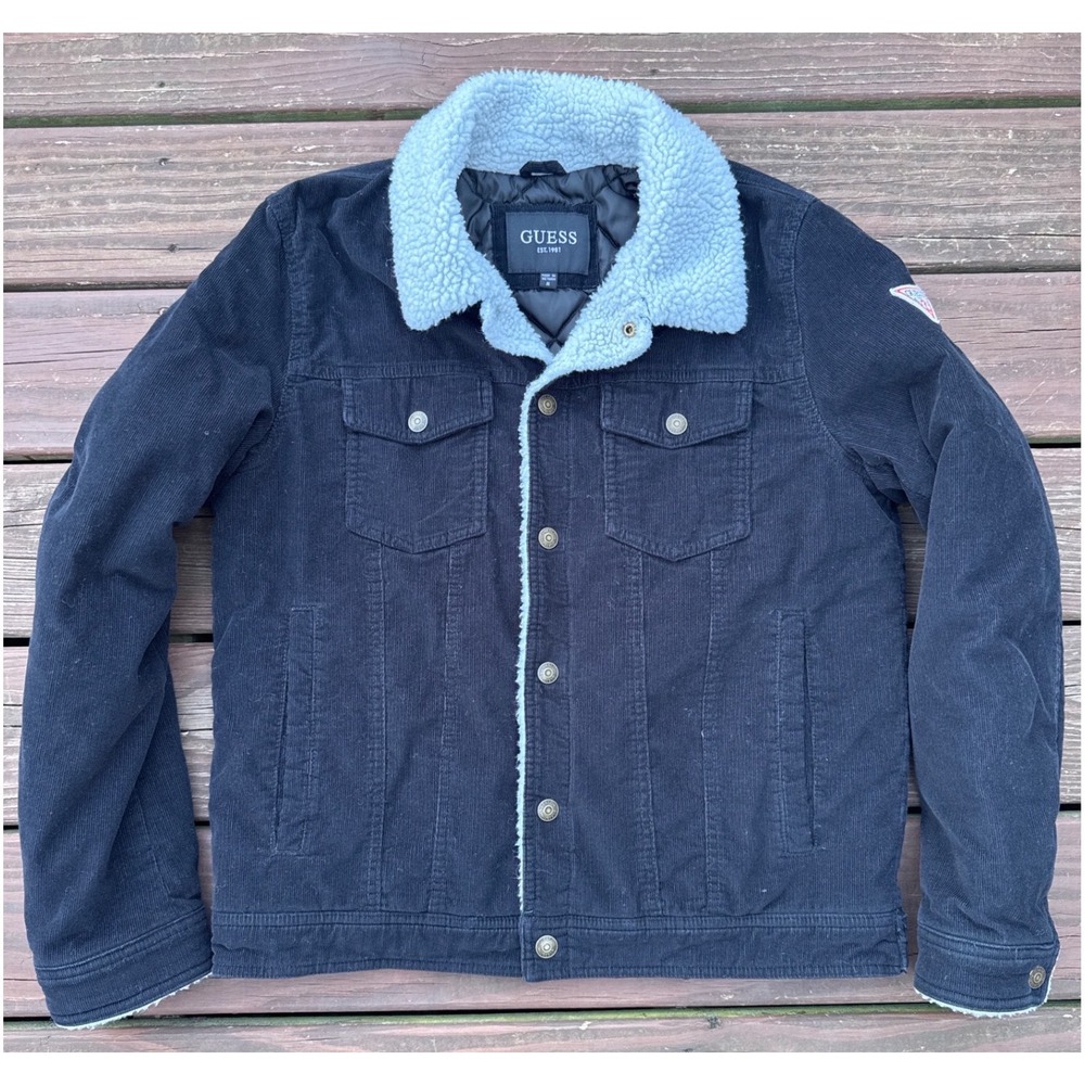 Guess Corduroy Trucker BomberJacket Mens M Black Sherpa Collar Good Condition